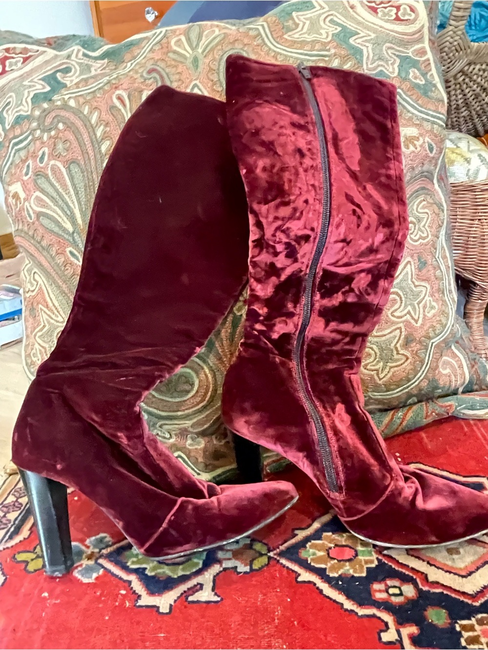 Women's Burgundy Velvet Knee-High Heeled Boots - Picture 2 of 4